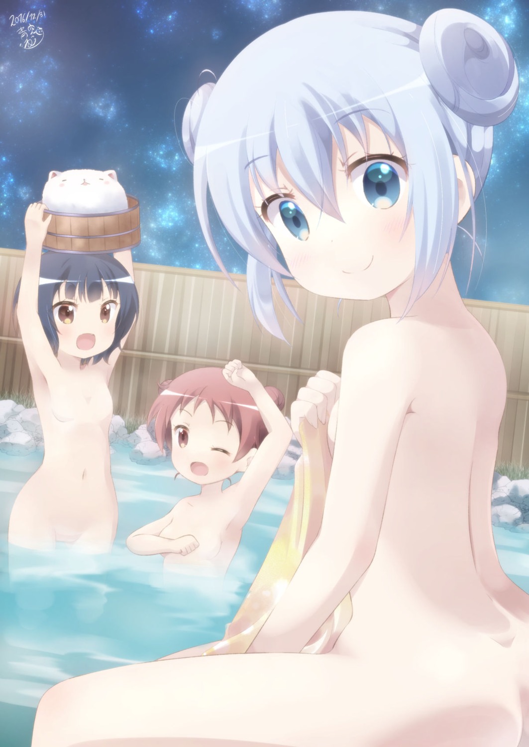 bathing breast_hold censored gochuumon_wa_usagi_desu_ka? jouga_maya kafuu_chino loli naked natsu_megumi onsen tagme tippy_(gochuumon_wa_usagi_desu_ka?) wet