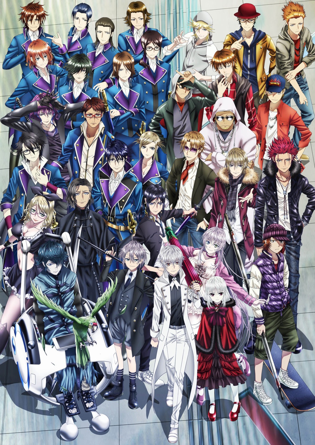 ameno_miyabi awashima_seri cleavage dress fushimi_saruhiko heels isana_yashiro k kusanagi_izumo kushina_anna megane mishakuji_yukari munakata_reisi suou_mikoto sword totsuka_tatara umbrella uniform weapon yata_misaki yatogami_kuroh