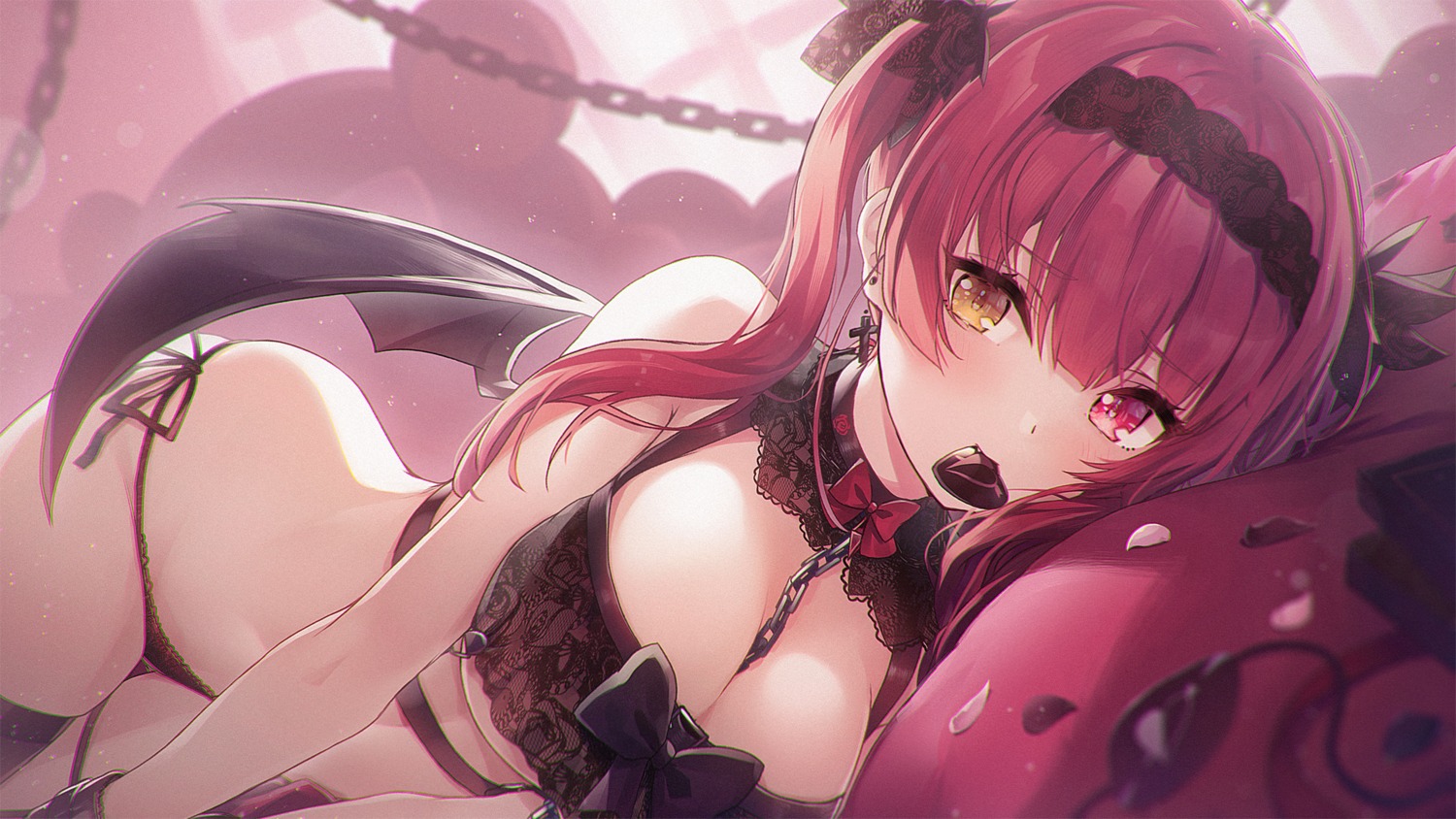 bra chihiro_ayaka heterochromia hololive houshou_marine pantsu string_panties thighhighs wallpaper wings