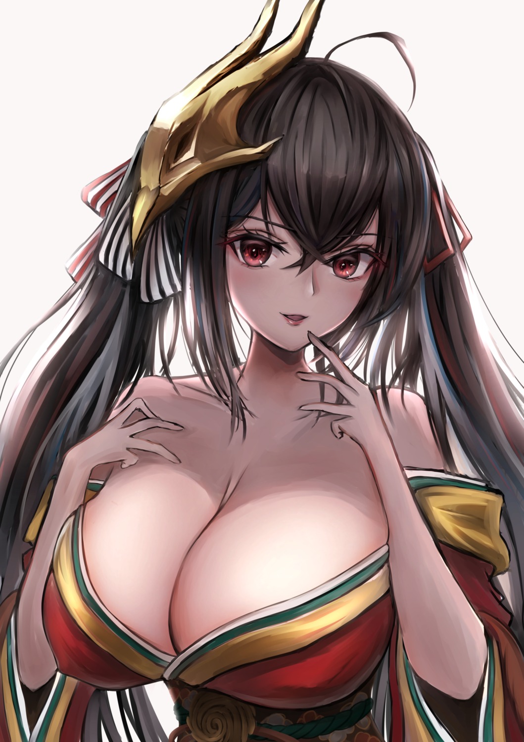 azur_lane erect_nipples hikagen_yoshio japanese_clothes no_bra open_shirt taihou_(azur_lane)