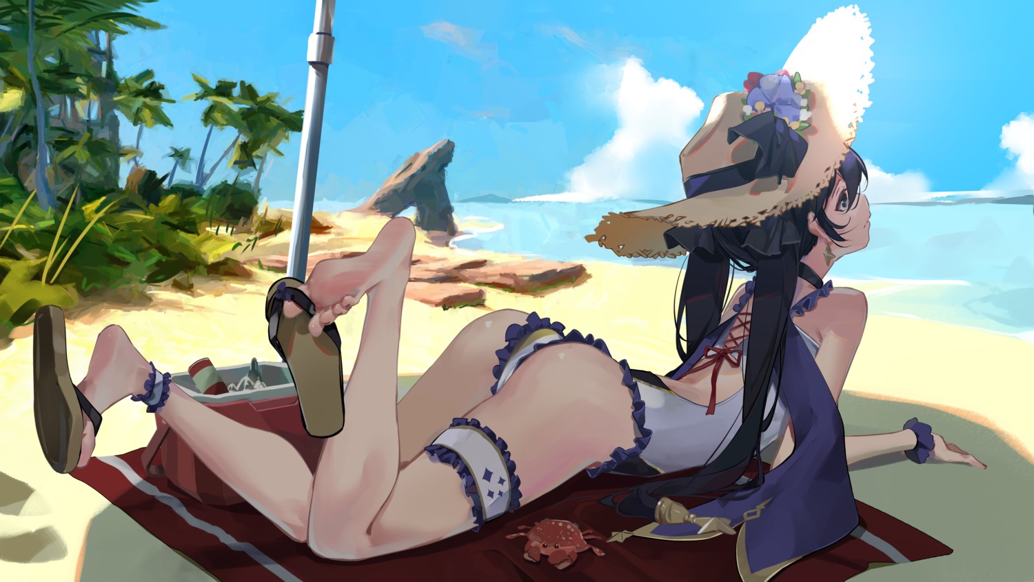 ass cameltoe feet garter genshin_impact mona_megistus sketch swimsuits sydus