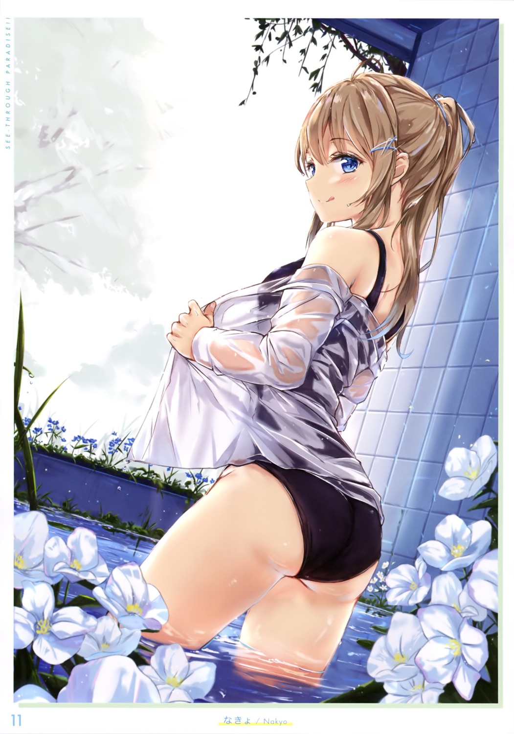 ass dress_shirt na_kyo school_swimsuit see_through swimsuits undressing wet wet_clothes