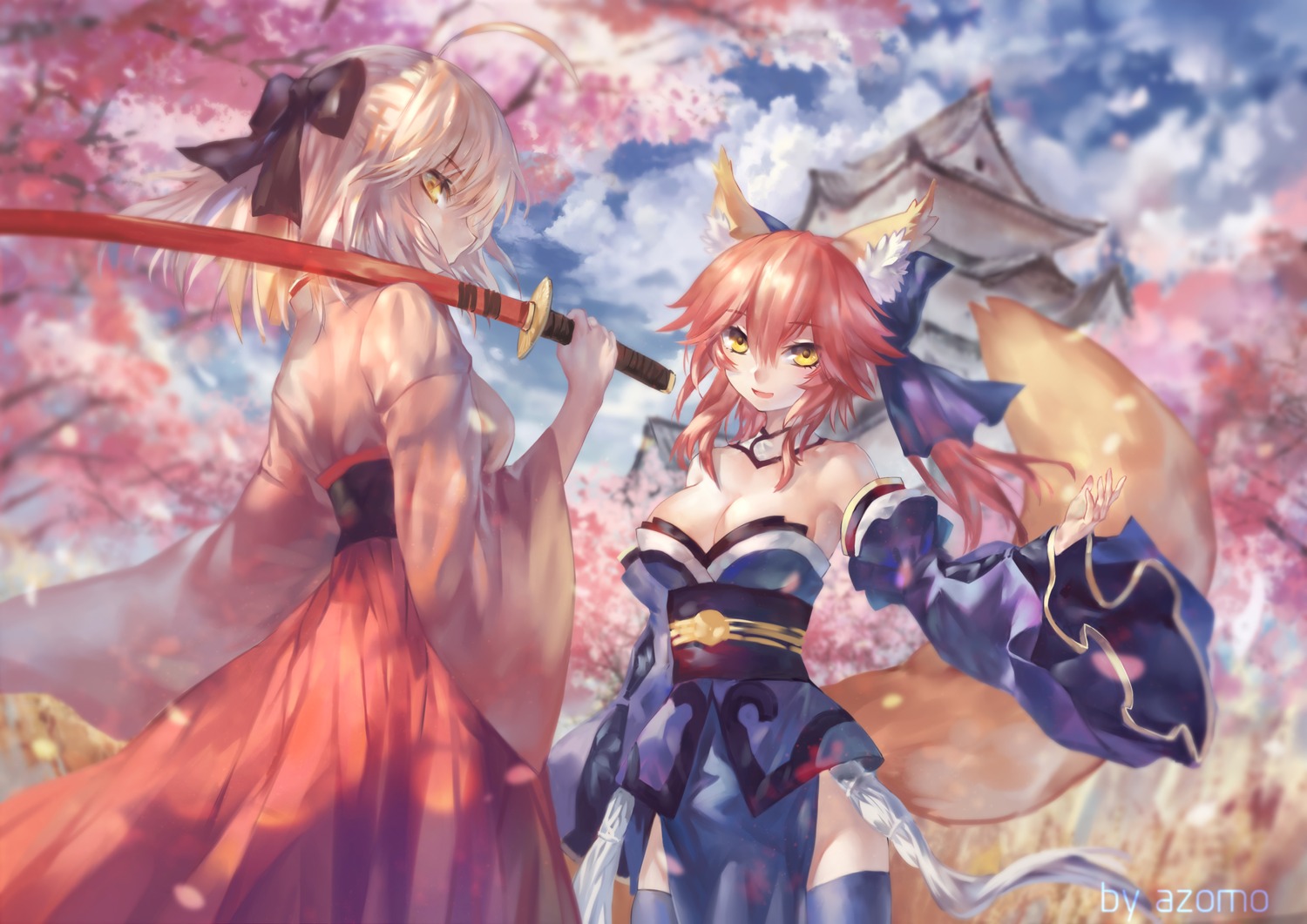 animal_ears azomo cleavage fate/extra fate/extra_ccc fate/stay_night japanese_clothes okita_souji_(fate) sword tail tamamo_no_mae thighhighs