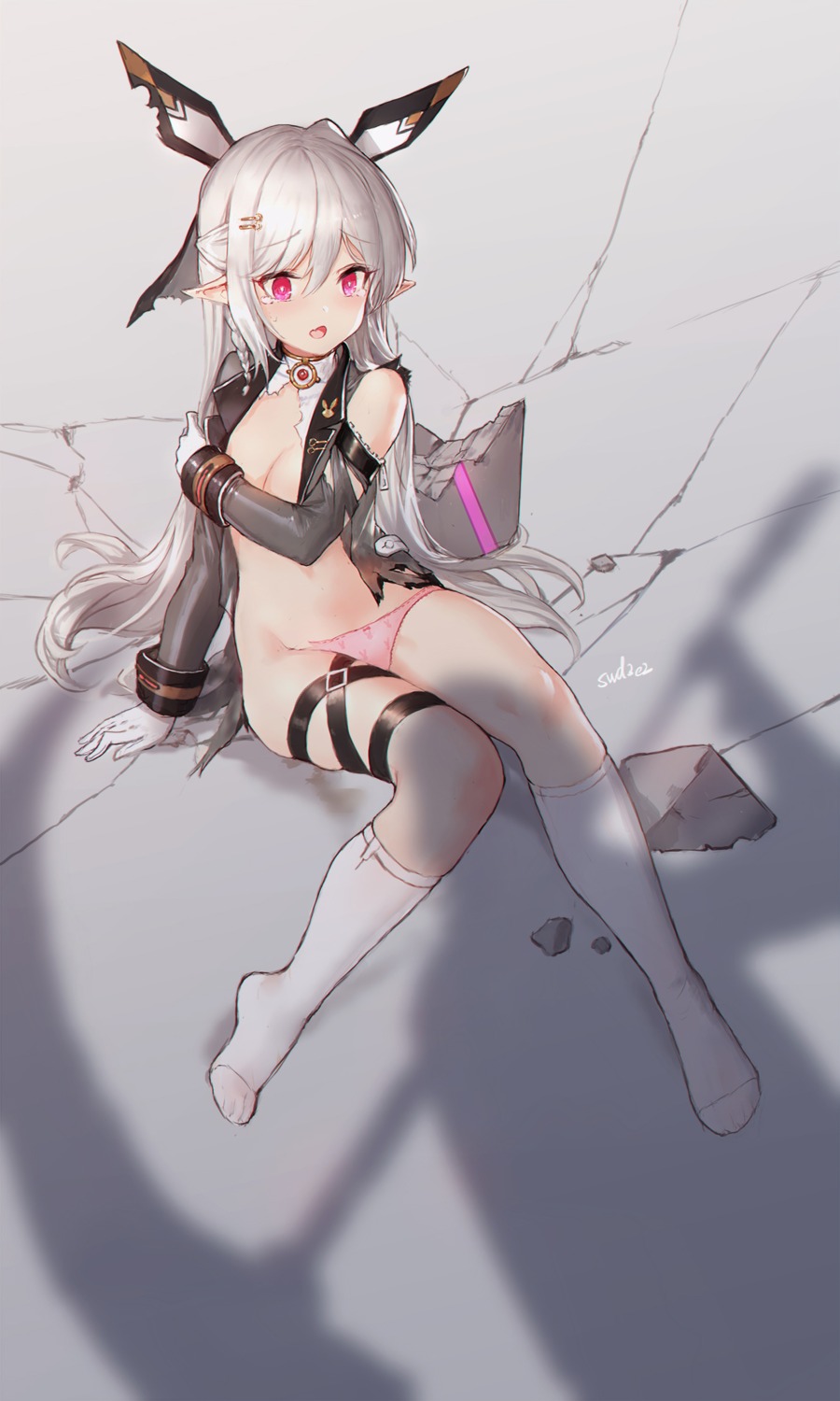 breast_hold garter no_bra open_shirt pantsu pointy_ears swd3e2 torn_clothes