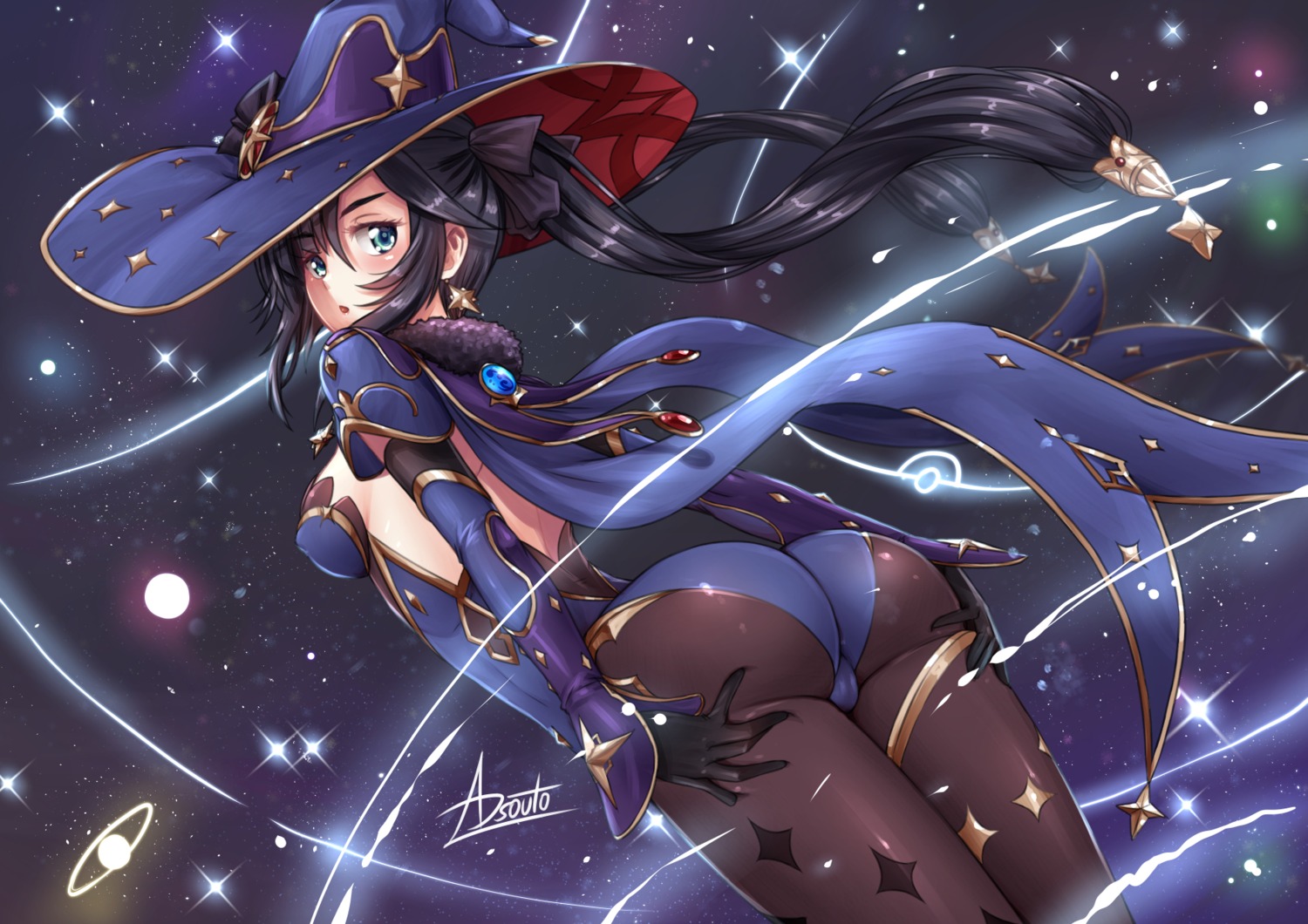 adsouto ass cameltoe erect_nipples garter genshin_impact leotard mona_megistus no_bra witch