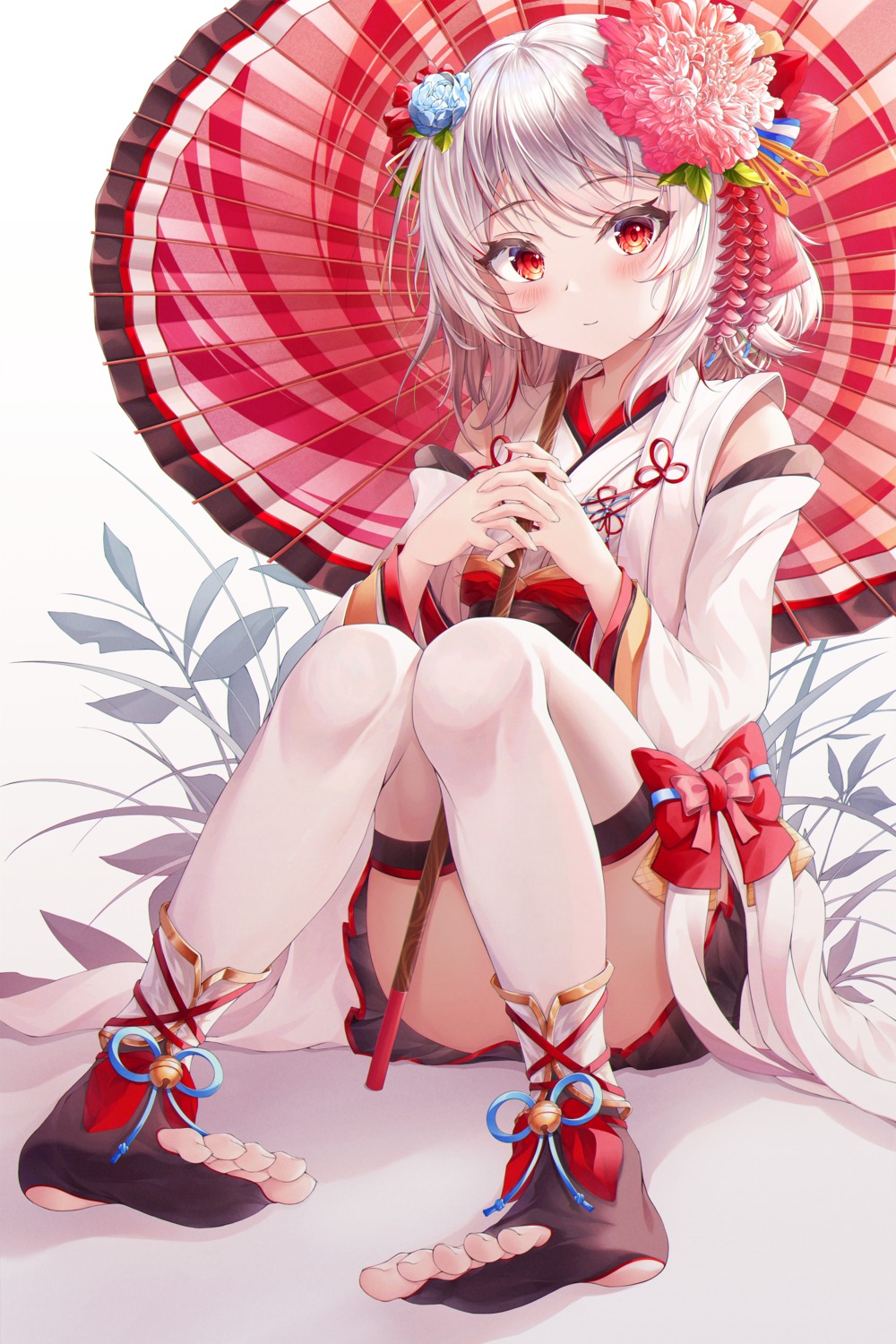 feet ichizon japanese_clothes skirt_lift thighhighs umbrella