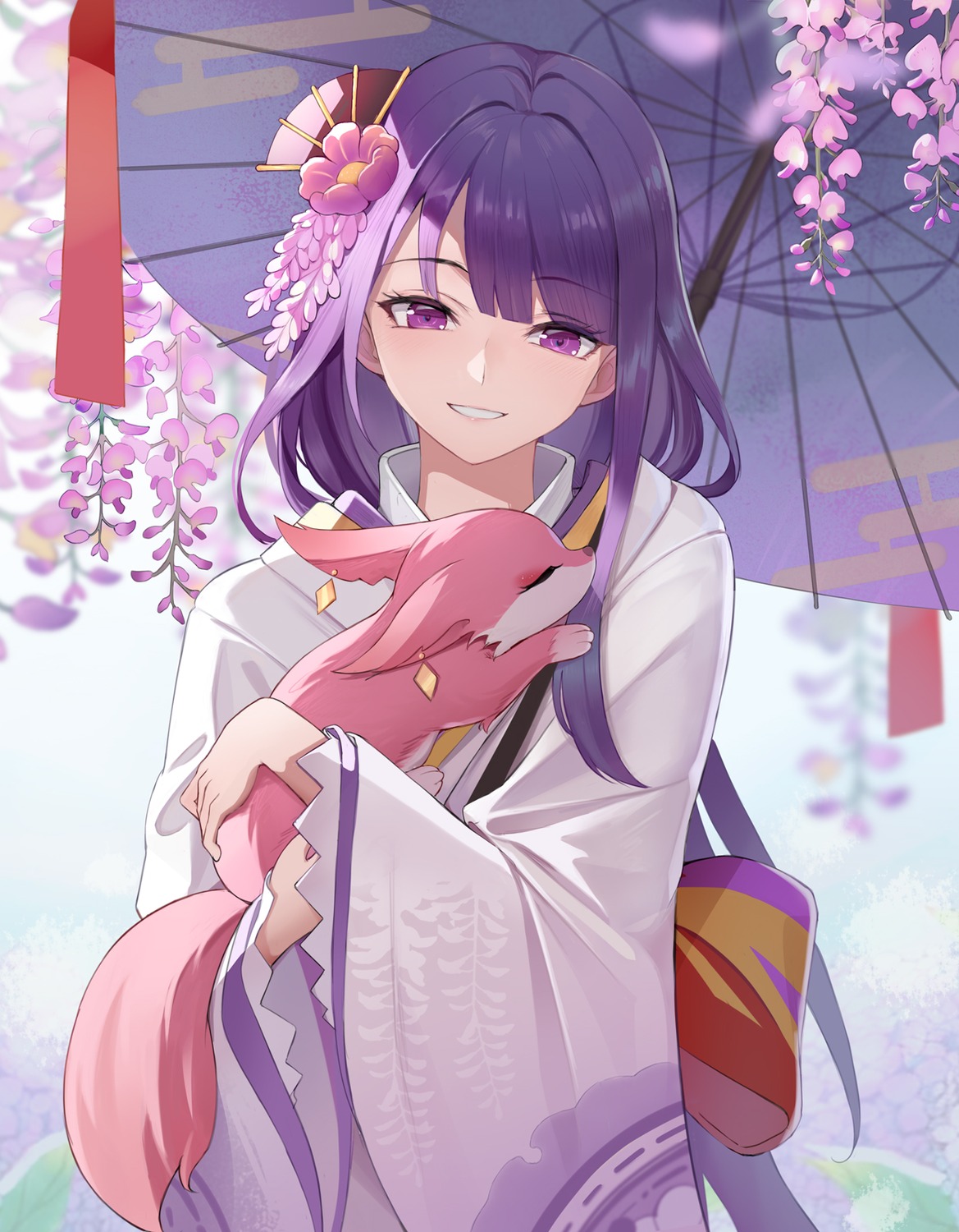 amco genshin_impact japanese_clothes kitsune raiden_makoto umbrella yae_miko