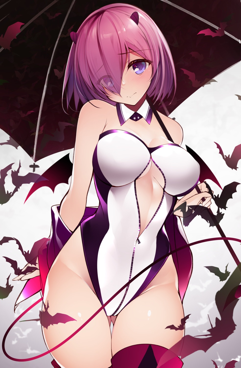 cleavage fate/grand_order horns mash_kyrielight netarou swimsuits tail thighhighs umbrella wings