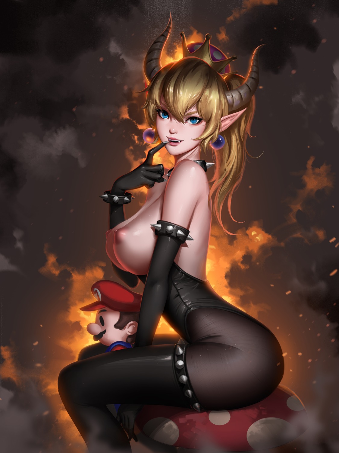 bowsette breasts horns liang_xing mario new_super_mario_bros._u_deluxe nipples no_bra pantyhose pointy_ears