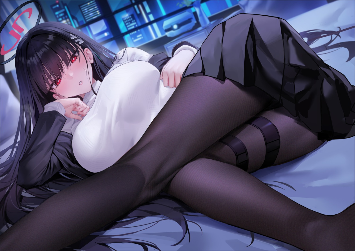 blue_archive business_suit garter halo pantsu pantyhose senba_(592683801) skirt_lift sweater tsukatsuki_rio