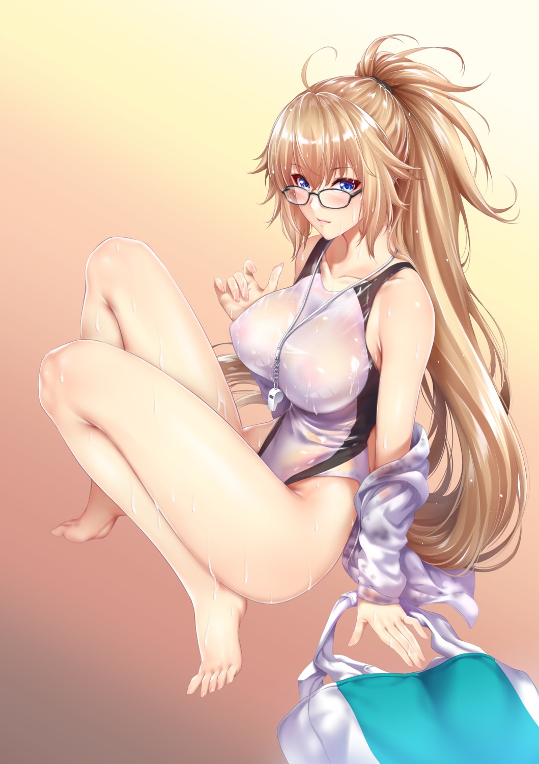 erect_nipples fate/grand_order feet jeanne_d'arc jeanne_d'arc_(fate) megane open_shirt see_through swimsuits wet zucchini