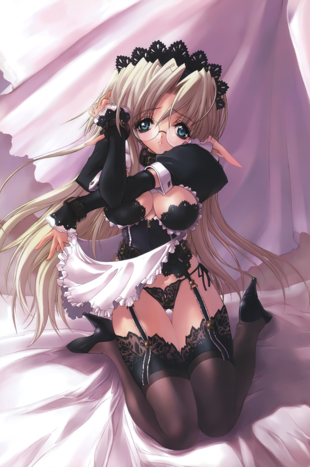 bra cleavage elf garter_belt megane miwa_yoshikazu pantsu pointy_ears stockings string_panties thighhighs