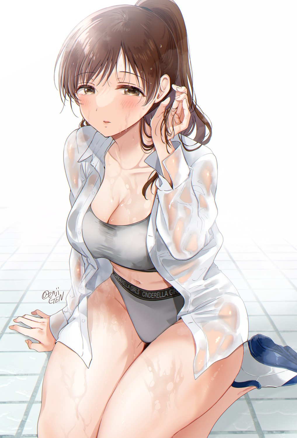 bra dress_shirt gen_(enji) nitta_minami open_shirt pantsu see_through the_idolm@ster the_idolm@ster_cinderella_girls wet wet_clothes