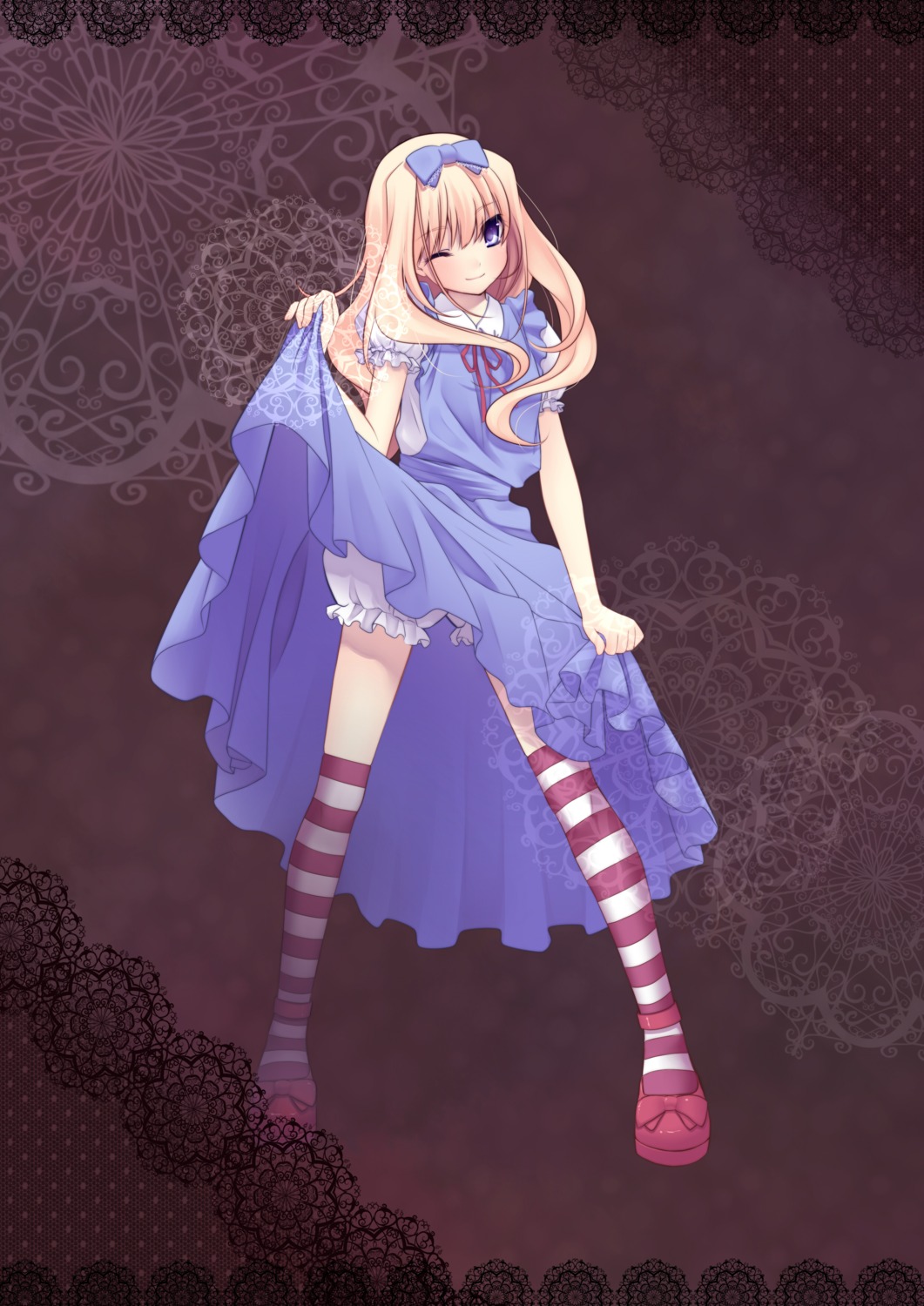 alice alice_in_wonderland bloomers dress lolita_fashion nana_mikoto skirt_lift thighhighs