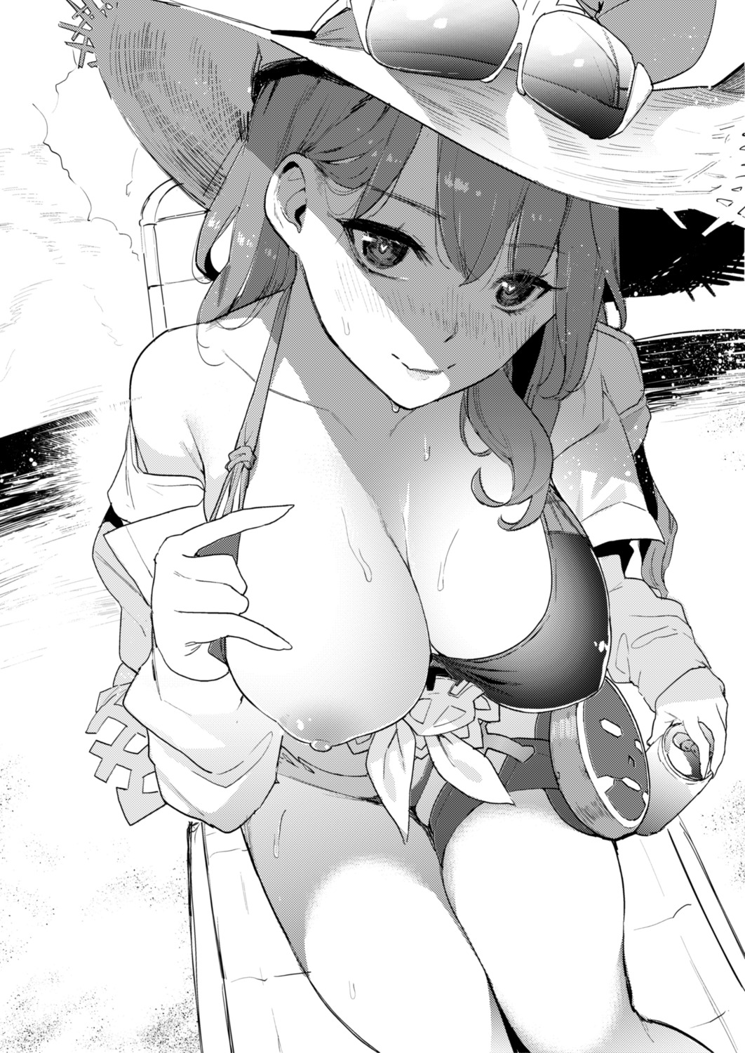 bikini breasts megane monochrome nipples open_shirt swimsuits tulip undressing