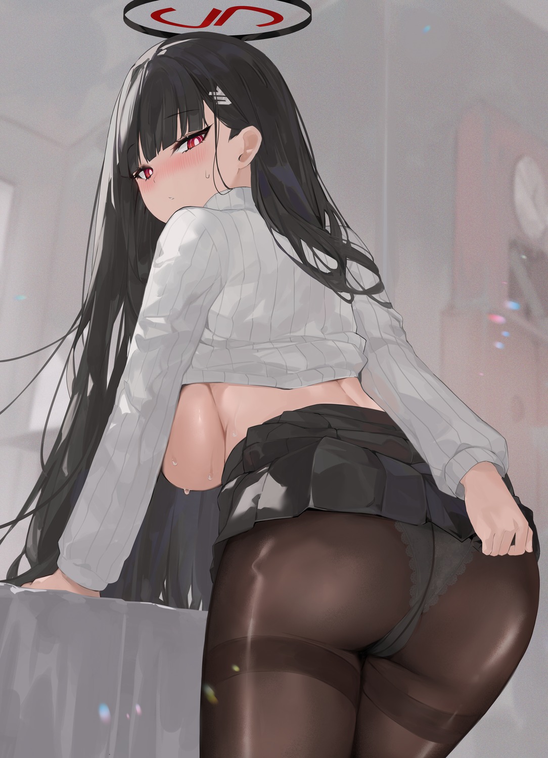 ass blue_archive breasts dema_hmw halo no_bra pantsu pantyhose shirt_lift skirt_lift sweater tsukatsuki_rio wet