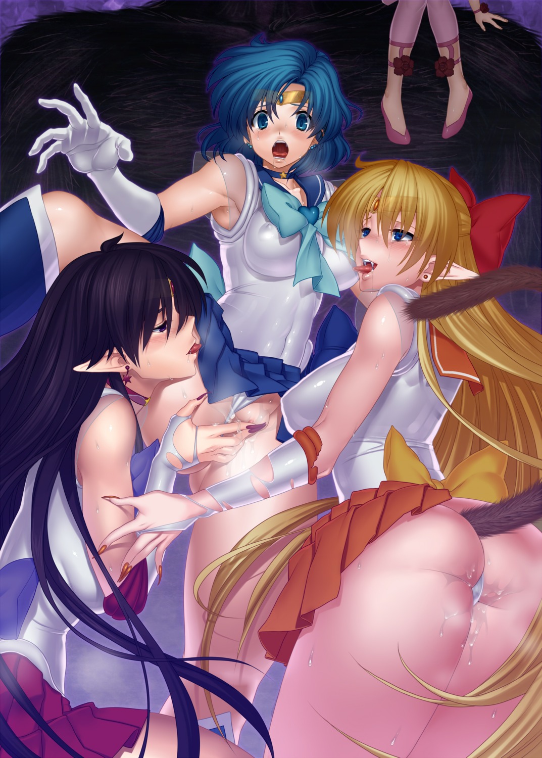 aino_minako ass castella erect_nipples hino_rei mizuno_ami pantsu panty_pull pointy_ears pussy_juice sailor_moon tail torn_clothes yuri