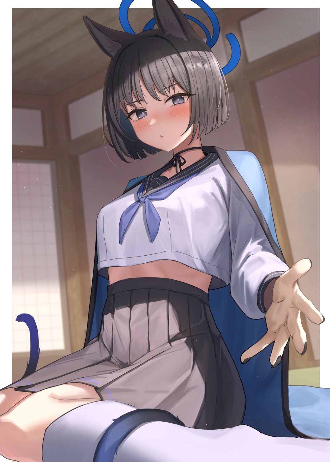 animal_ears blue_archive halo japanese_clothes kiryuu_kikyou nekomimi seifuku tail watashinabe