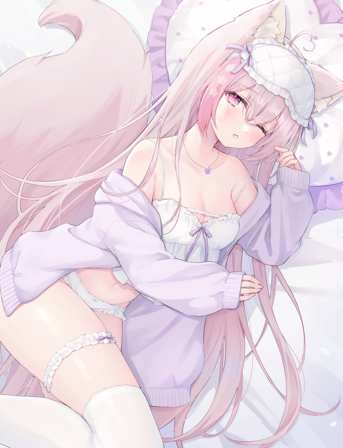 animal_ears felicia_lulufleur garter indie_virtual_youtuber lingerie pajama pantsu shano_hiyori tail thighhighs