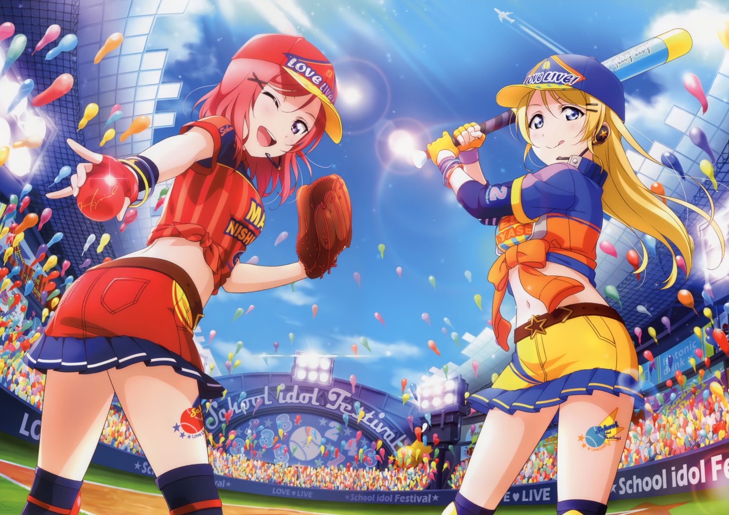 ayase_eli baseball love_live! nishikino_maki tagme tattoo thighhighs uniform