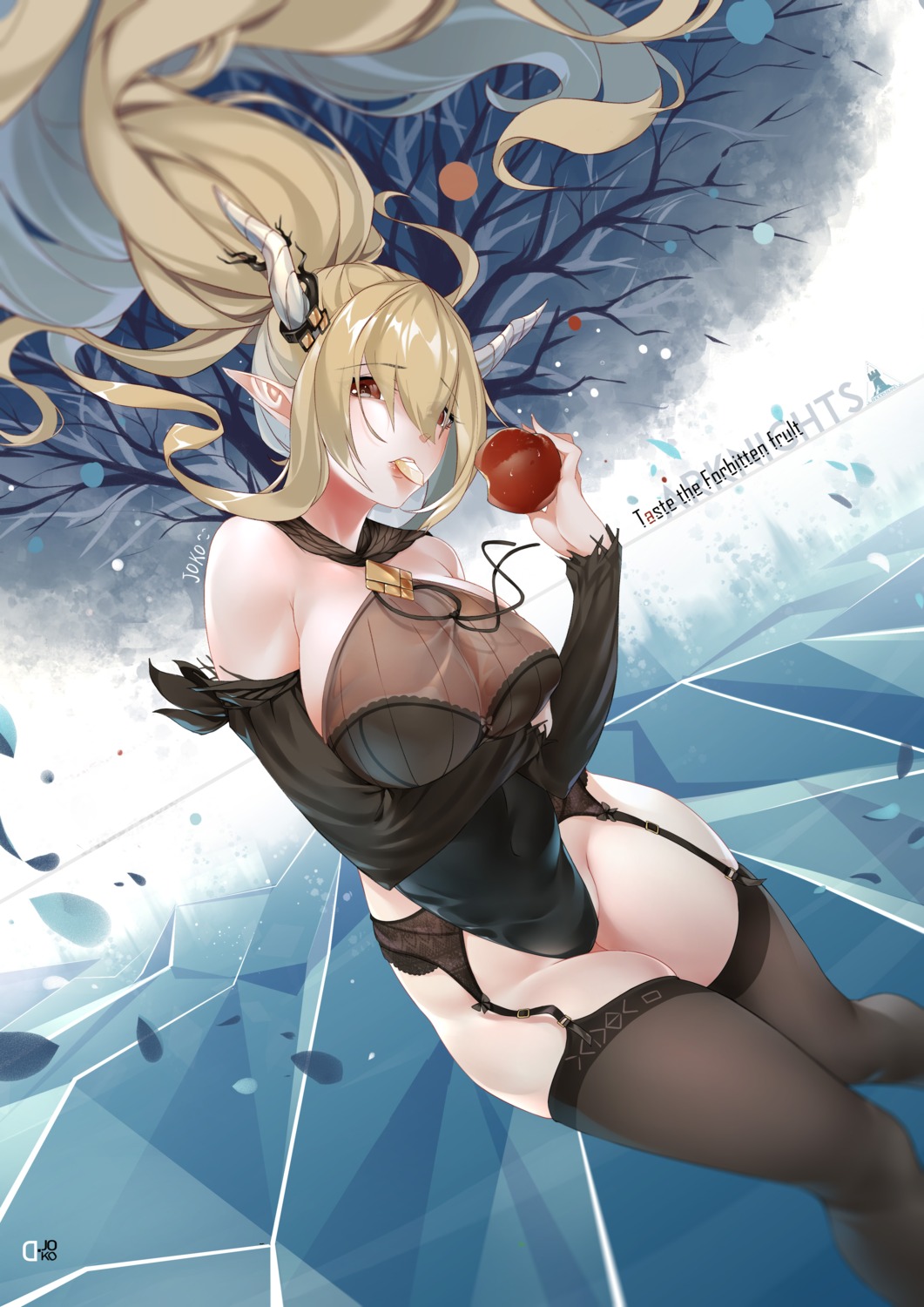 arknights d._joko garter_belt horns leotard pointy_ears see_through shining_(arknights) stockings thighhighs