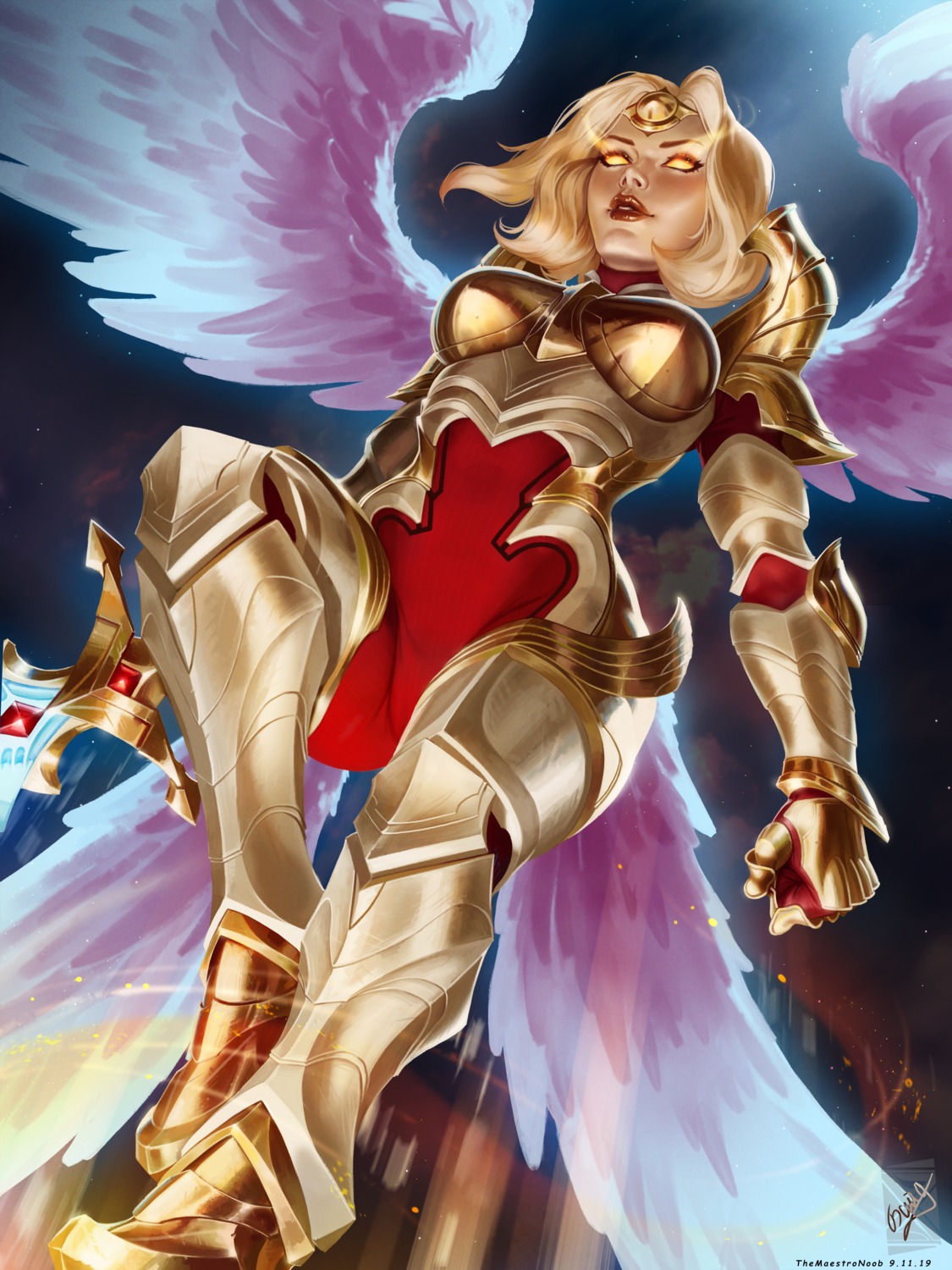 armor bodysuit kaylee_(league_of_legends) league_of_legends sword themaestronoob wings
