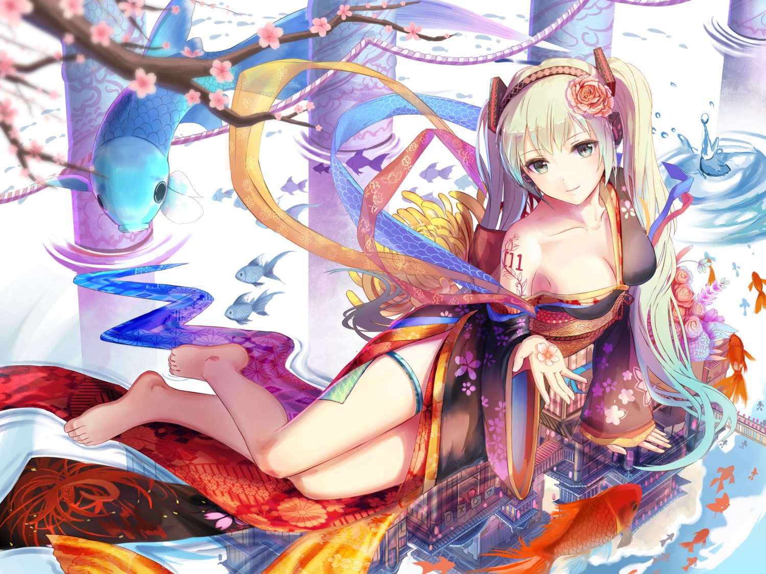 cleavage hatsune_miku kimono no_bra open_shirt red_flowers tattoo vocaloid