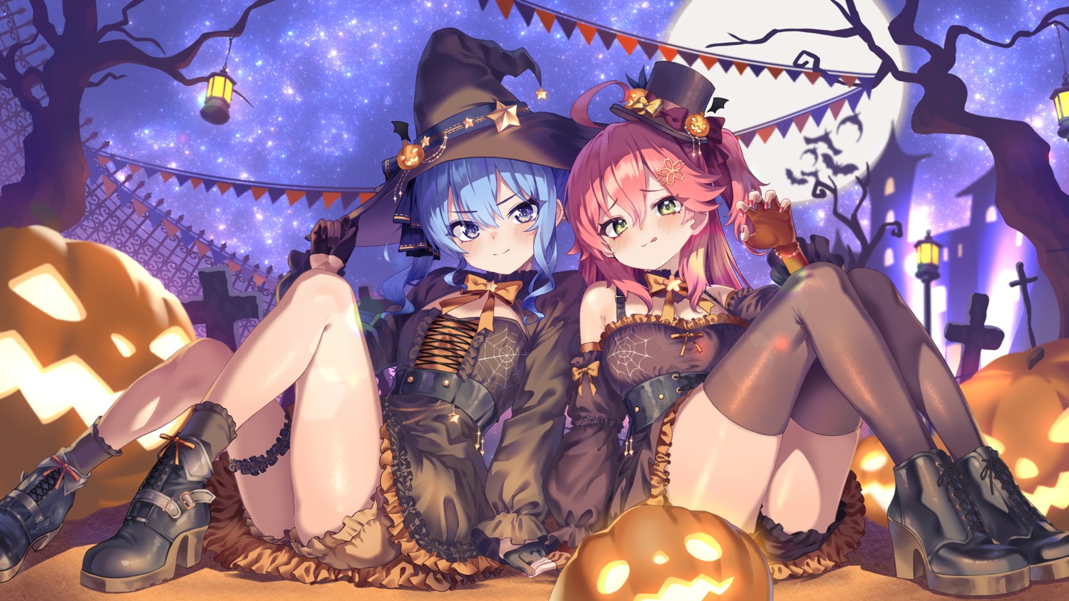 bloomers dress garter gyoza_(pixiv17855879) halloween heels hololive hoshimachi_suisei sakura_miko skirt_lift thighhighs wallpaper witch