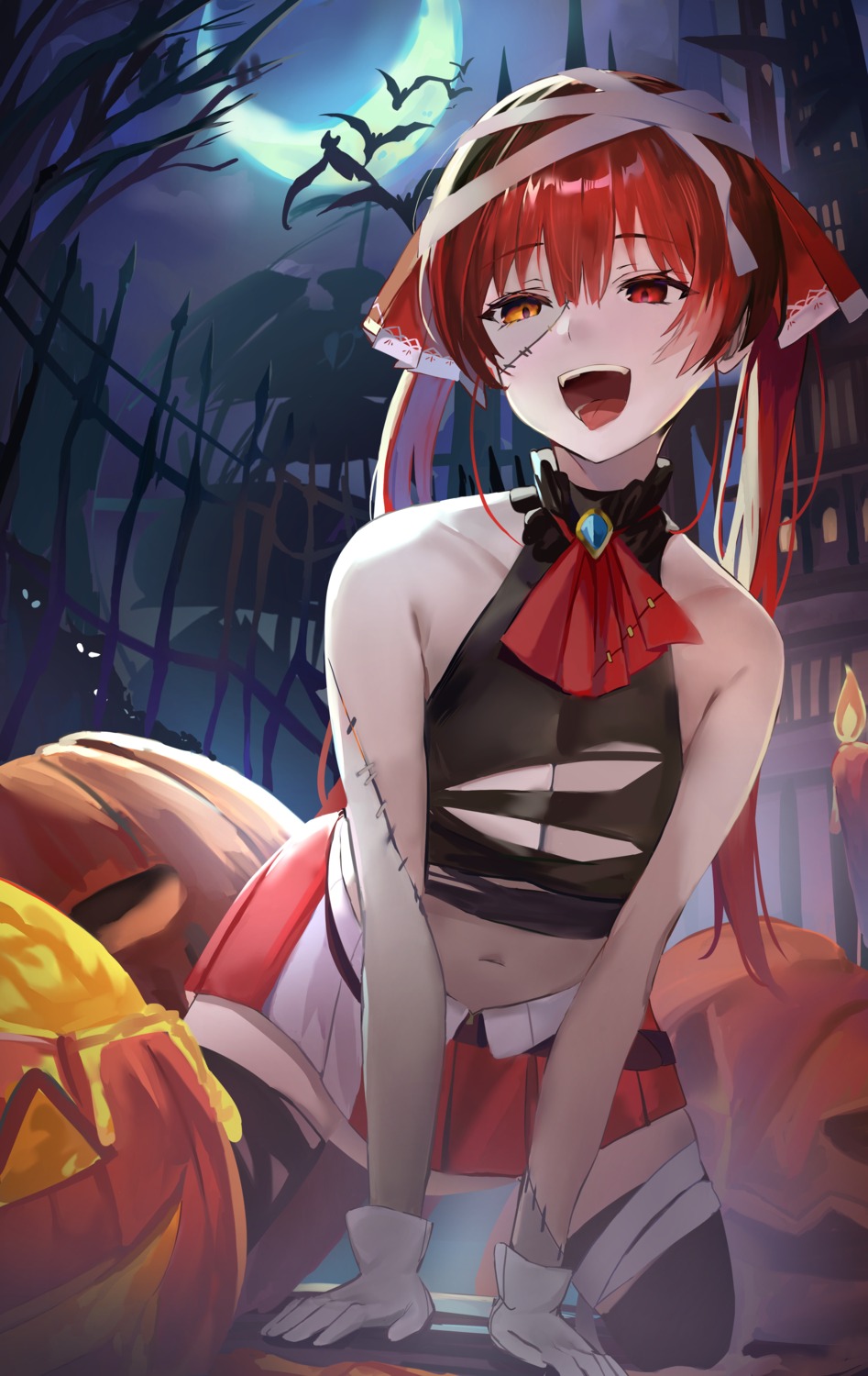 bandages derby_(dabidabi) halloween heterochromia hololive houshou_marine no_bra thighhighs torn_clothes