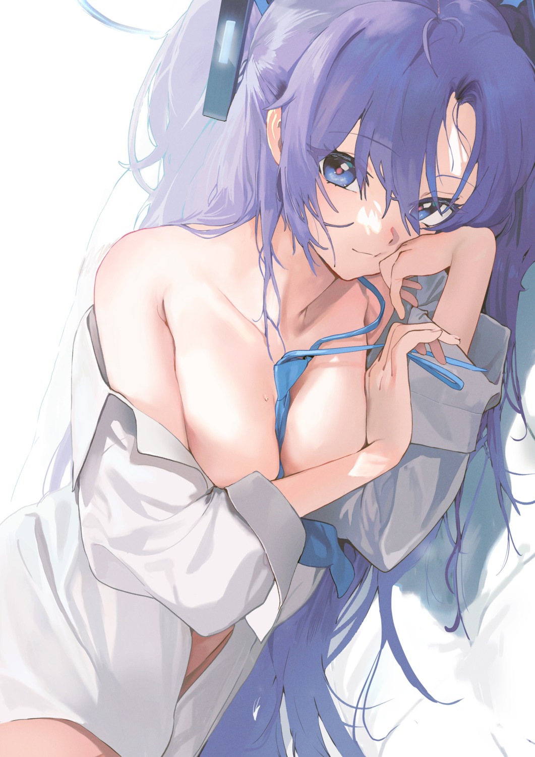 blue_archive breasts dorontabi dress_shirt halo hayase_yuuka no_bra open_shirt