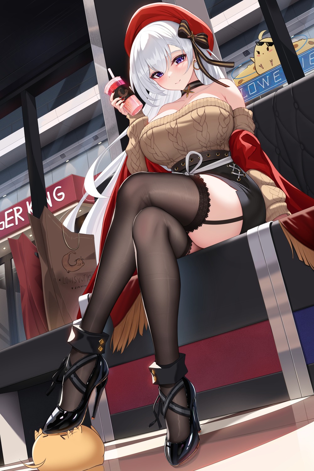 azur_lane belfast_(azur_lane) damao_yu heels manjuu_(azur_lane) no_bra stockings sweater thighhighs