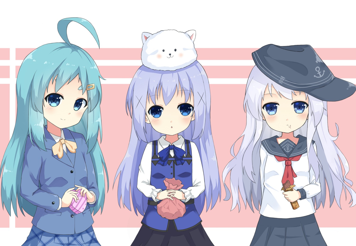 crossover gochuumon_wa_usagi_desu_ka? hibiki_(kancolle) kafuu_chino kantai_collection l4no-shiro seifuku shiro_sakamachi valentine waitress