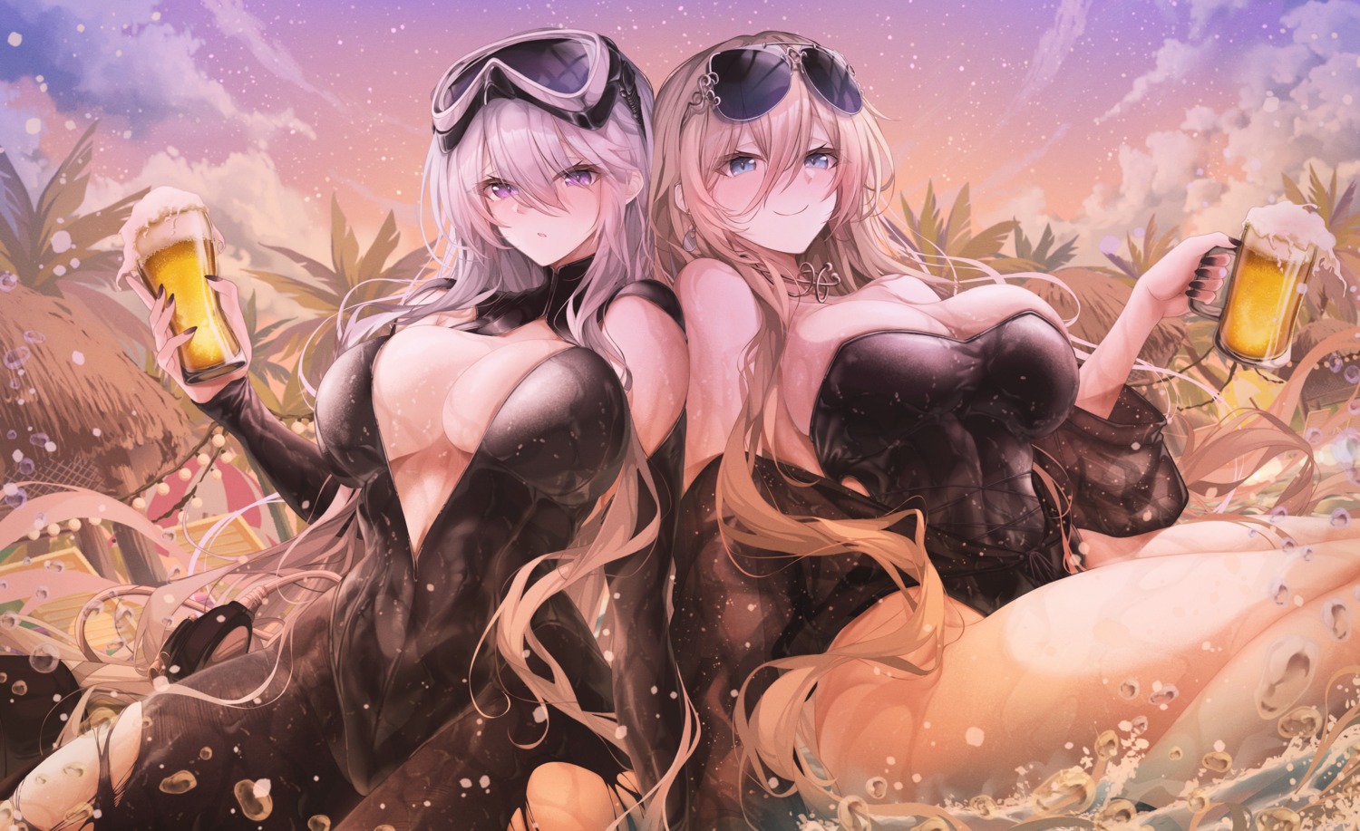 azur_lane bismarck_(azur_lane) bodysuit enterprise_(azur_lane) megane no_bra open_shirt ru_251 swimsuits torn_clothes wet