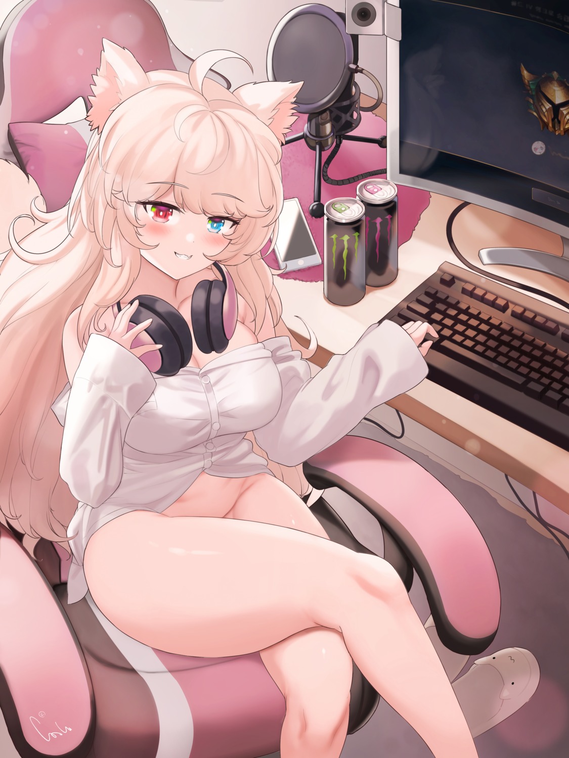 animal_ears bottomless dress_shirt headphones heterochromia nekomimi no_bra open_shirt riba tail