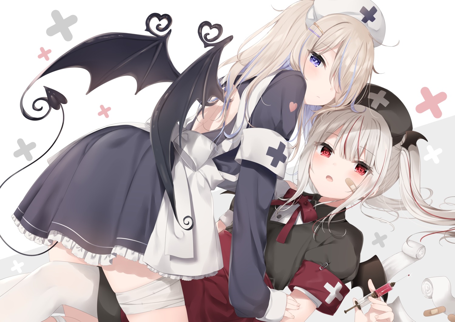 bandages bandaid mafuyu_(chibi21) no_bra nurse tail wings yuri