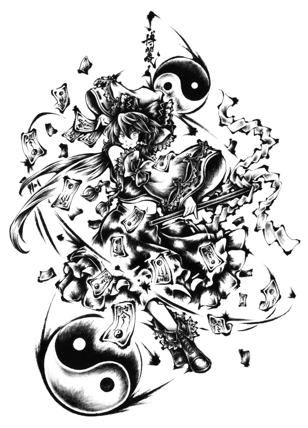 hakurei_reimu link53 monochrome touhou