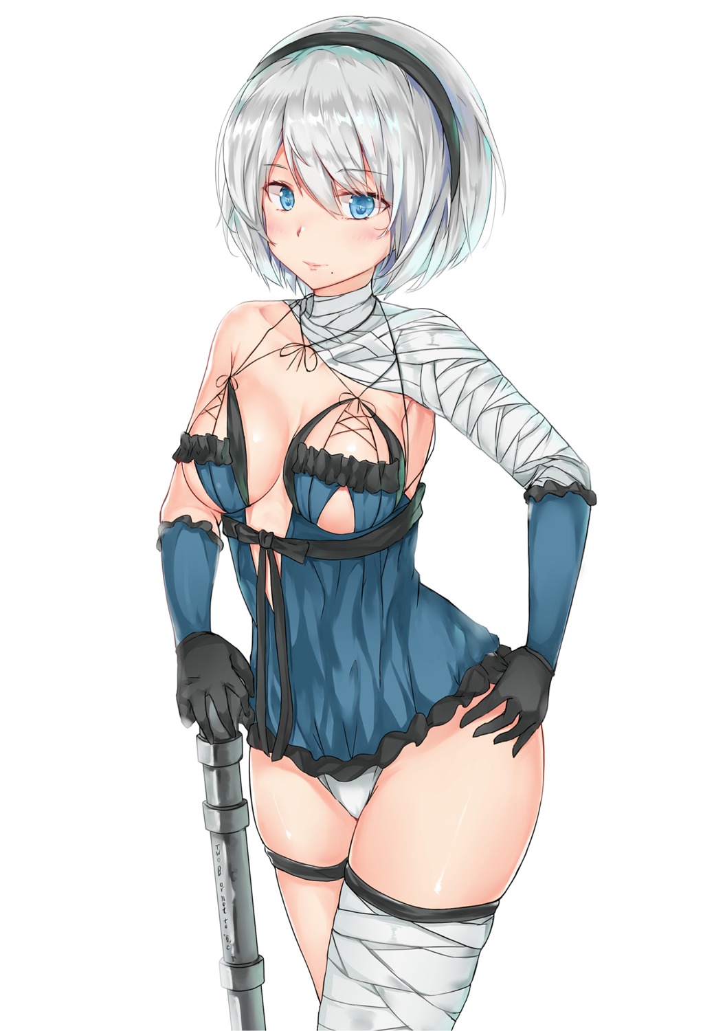 bandages cleavage cosplay garter kaine_(nier) nier_automata nier_replicant no_bra pantsu underboob weapon yddsb123 yorha_no.2_type_b