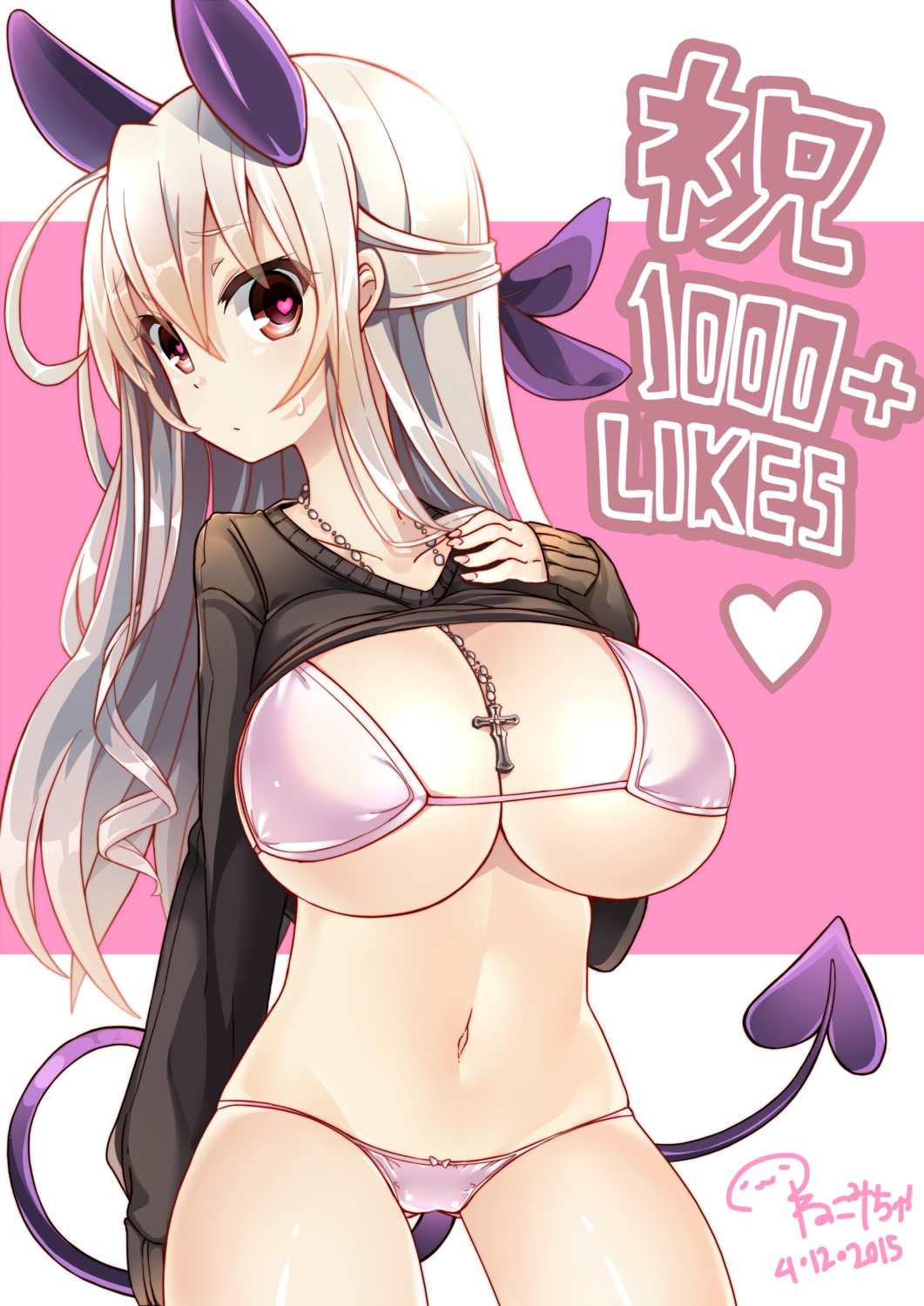 bikini cleavage horns nekomicha shirt_lift sweater swimsuits tail underboob