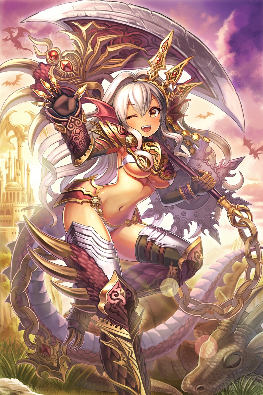 armor bikini_armor madopen tail thighhighs underboob weapon