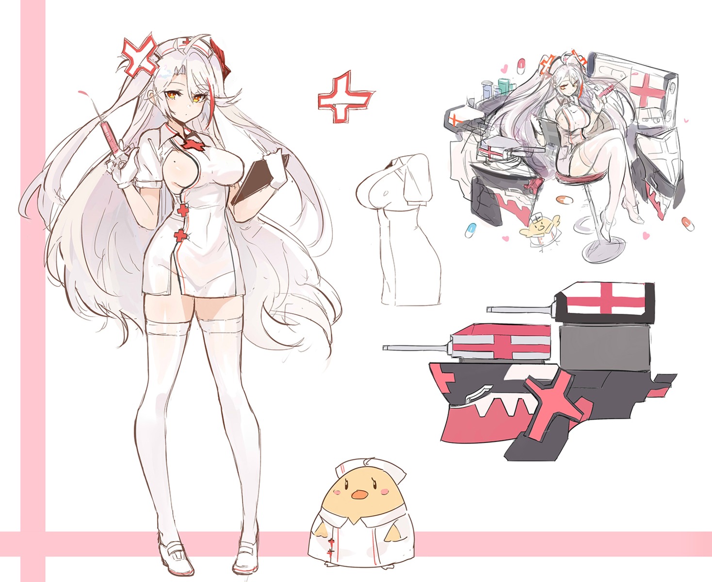 azur_lane character_design heels manjuu_(azur_lane) mengda no_bra nopan nurse prinz_eugen_(azur_lane) sketch thighhighs weapon