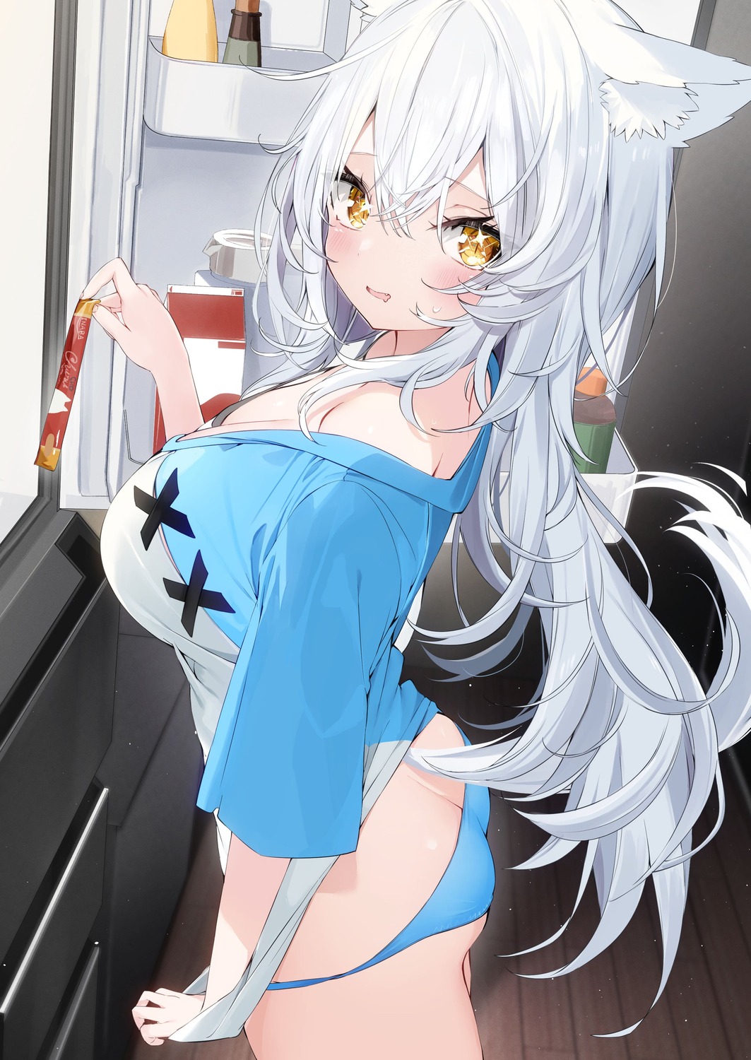 animal_ears ass kamioka_chiroru nekomimi no_bra open_shirt pantsu tail