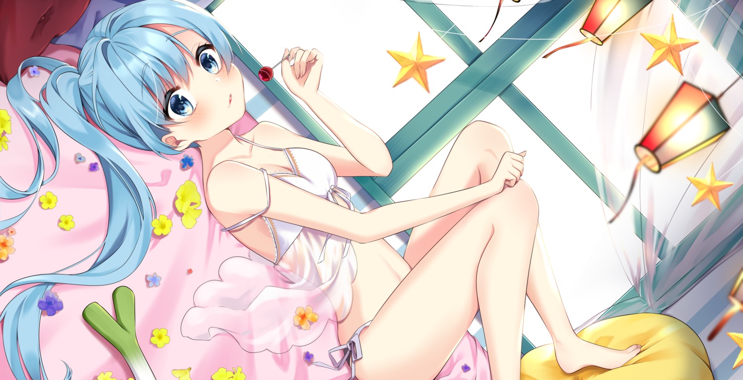 bra cleavage hatsune_miku lingerie mukuro_usss pantsu see_through shirt_lift string_panties vocaloid