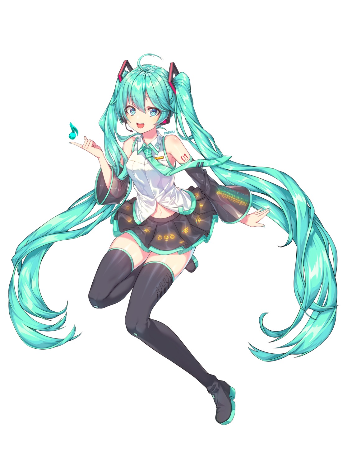 hatsune_miku headphones kinos_(kw00789) skirt_lift tattoo thighhighs vocaloid