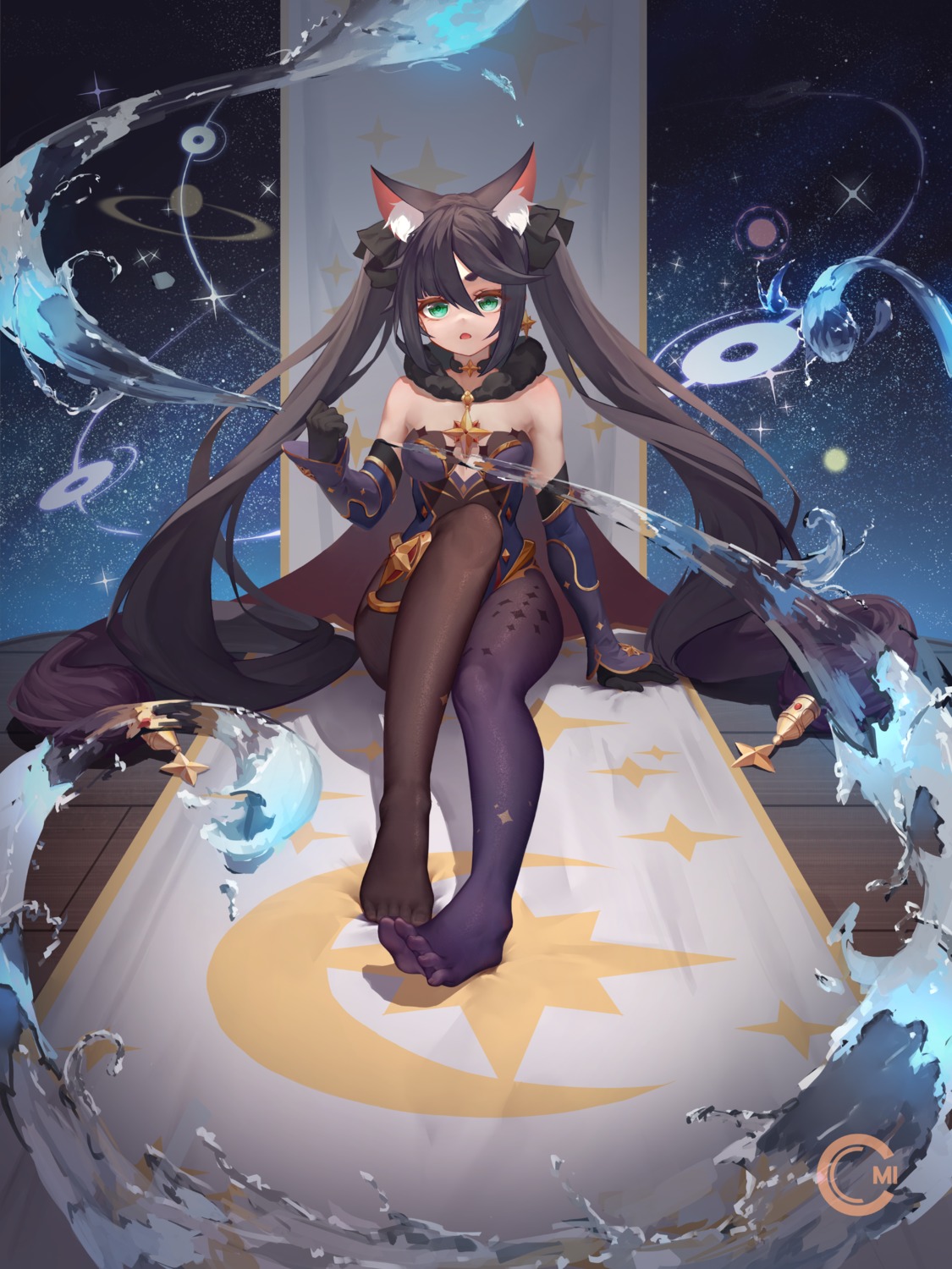 animal_ears c.mi feet garter genshin_impact leotard mona_megistus nekomimi no_bra pantyhose