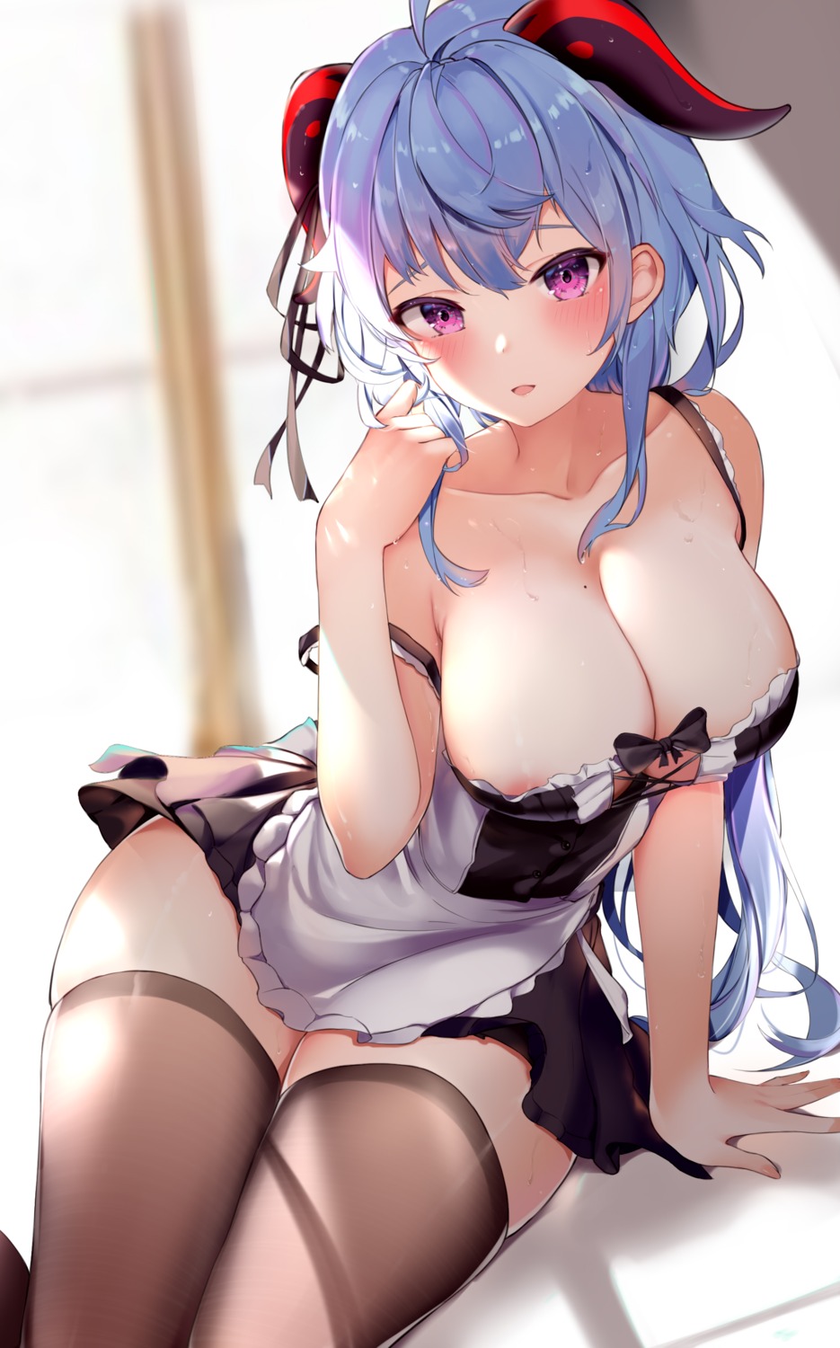 areola ganyu genshin_impact horns maid no_bra skirt_lift thighhighs usagi_poi