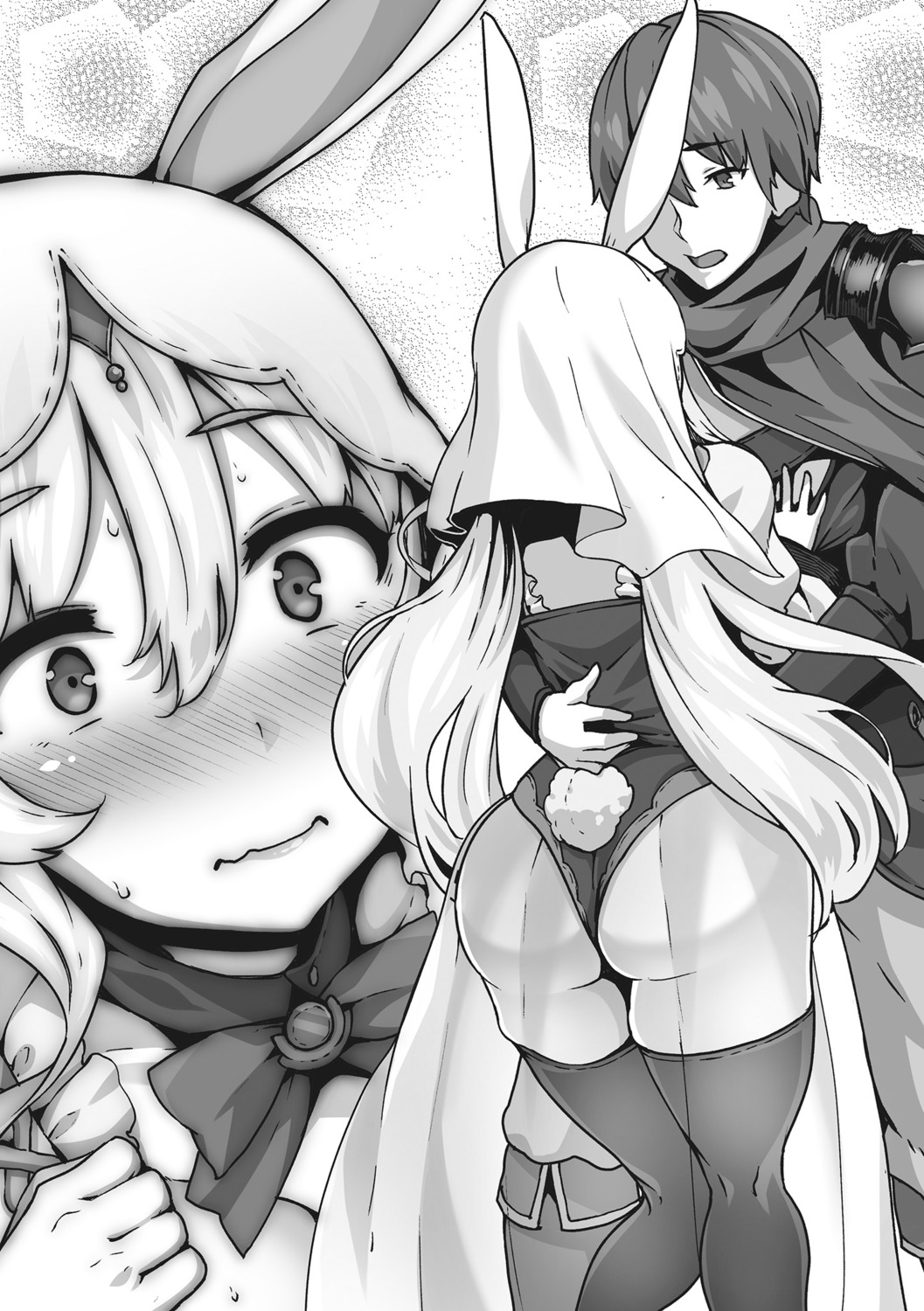 animal_ears armor ass bunny_ears bunny_girl kaifuku_jutsushi_no_yarinaoshi_sokushi_mahou_to_skill_copy_no_chouetsu_heal keyaru lapis_(kaiyari) monochrome see_through shiokonbu tail thighhighs