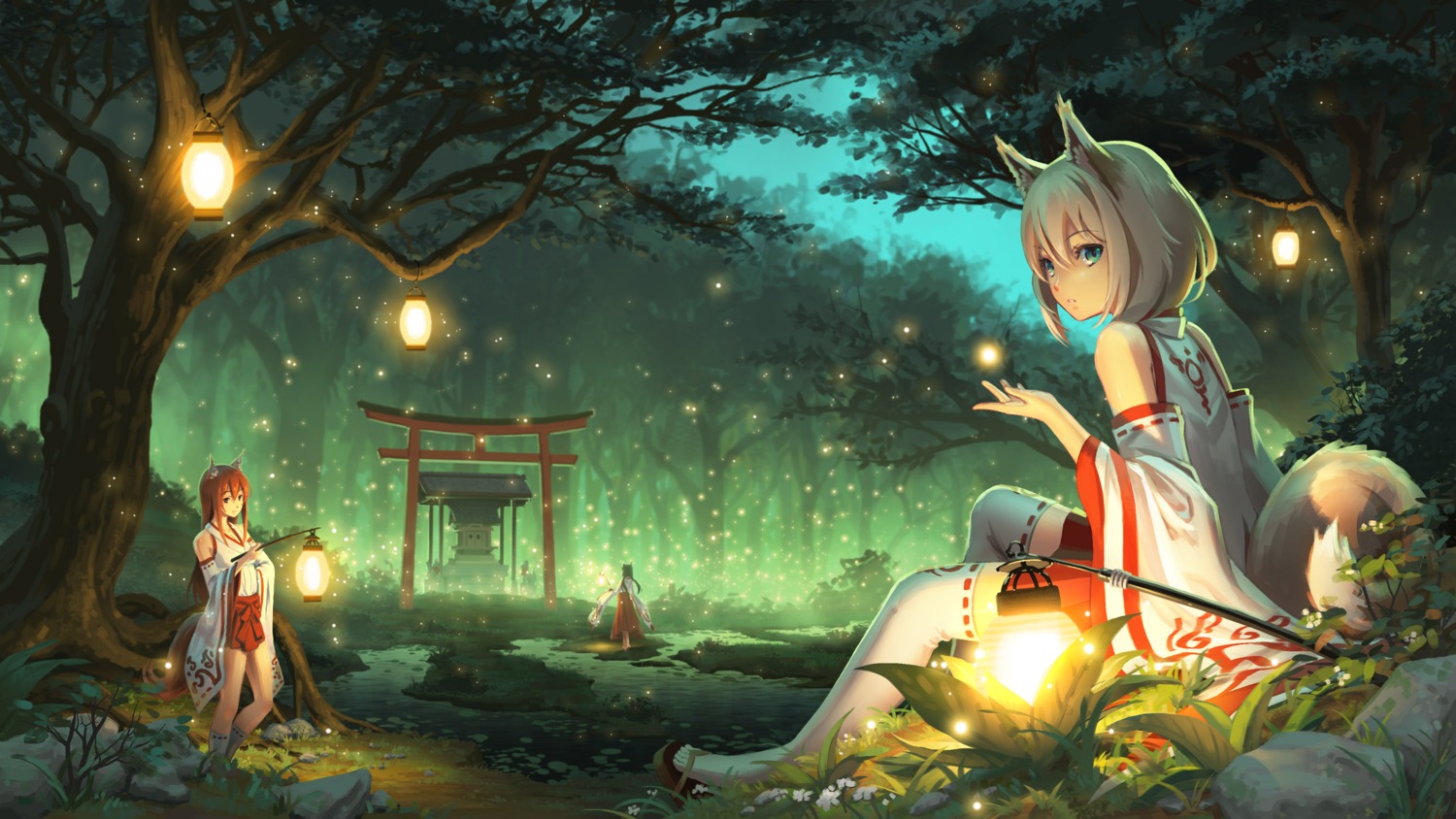 animal_ears landscape miko pinakes tail thighhighs