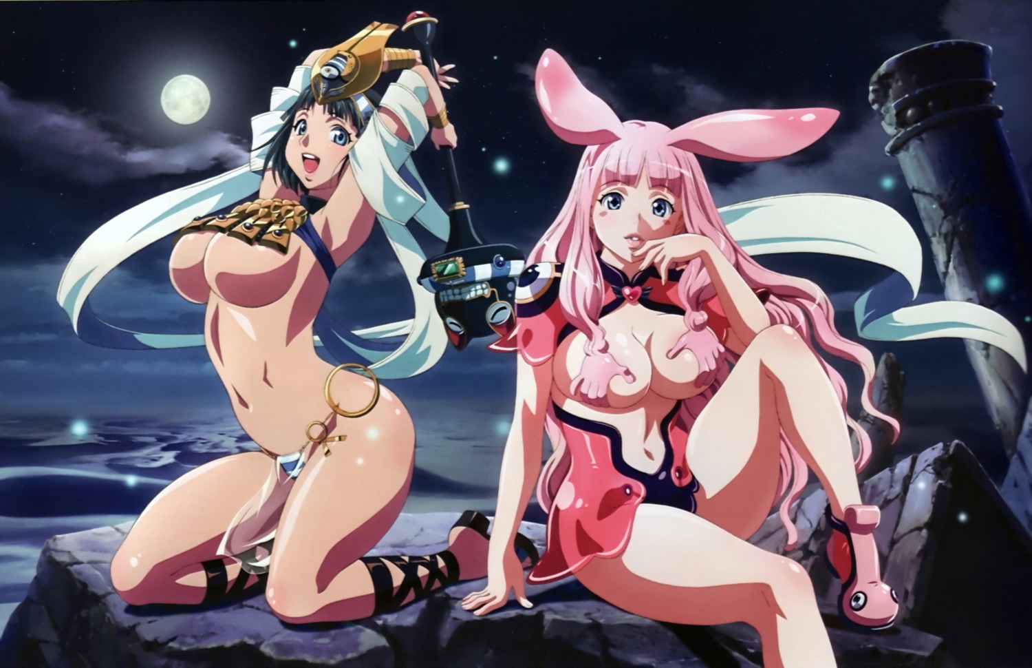 animal_ears breast_hold bunny_ears cleavage dress melona menace overfiltered pantsu queen's_blade rin_sin see_through setra shimapan underboob
