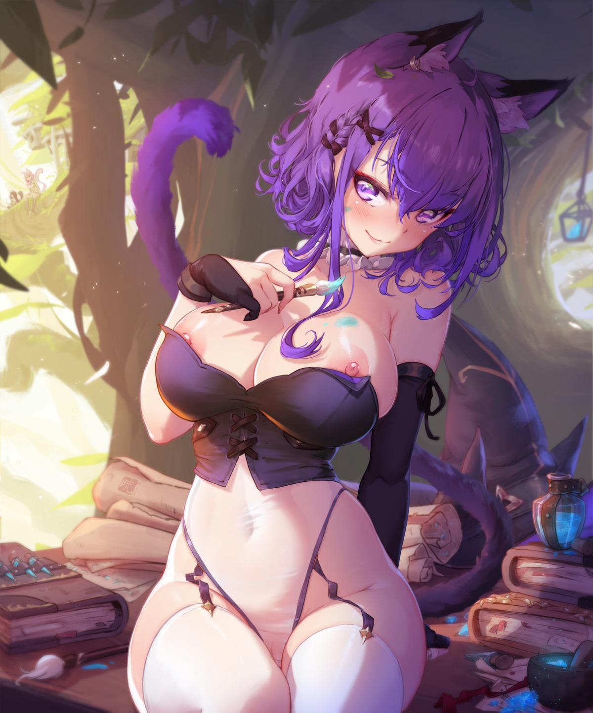 animal_ears leotard mitsu_(mitsu_art) nekomimi nipples no_bra pussy see_through tail uncensored