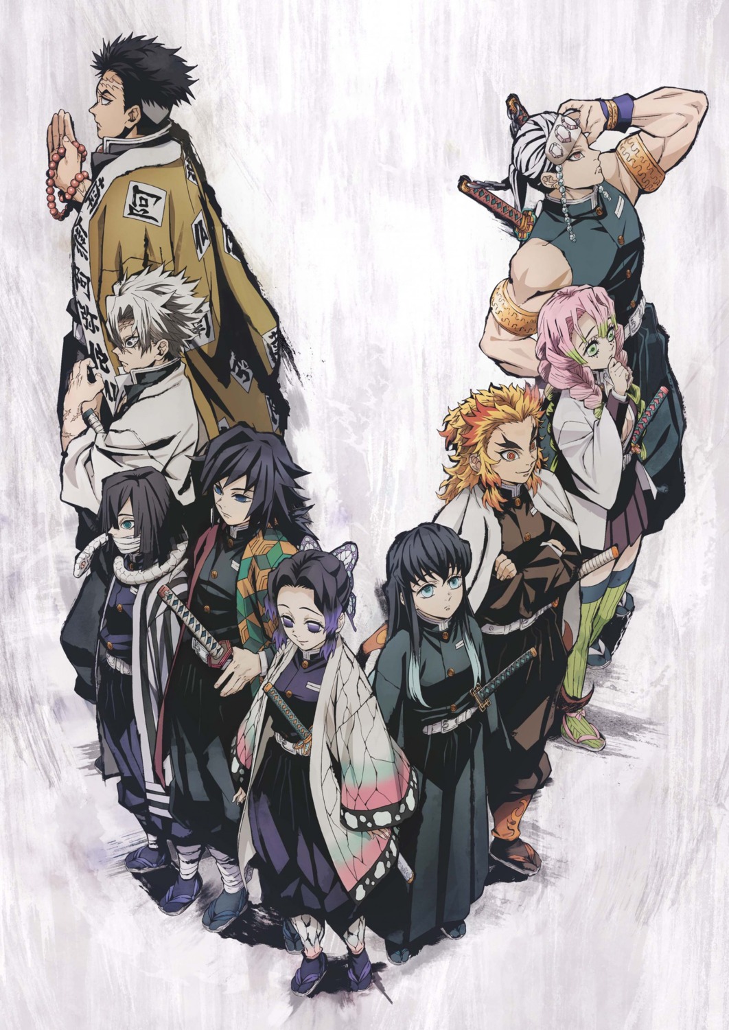 bandages himejima_gyoumei iguro_obanai japanese_clothes kanroji_mitsuri kimetsu_no_yaiba kochou_shinobu no_bra open_shirt rengoku_kyoujurou sword tagme thighhighs tokitou_muichirou tomioka_giyuu uniform uzui_tengen